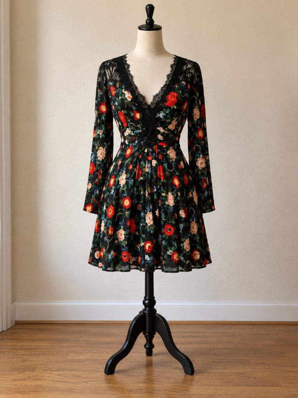 NWT Anthropologie Black Lacy Floral V-Neck Mini Dress Size 14 Back Cutout Cockta
